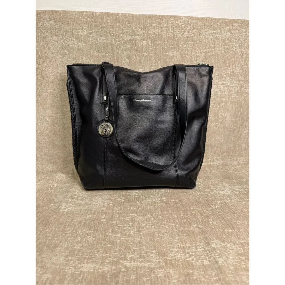 Tommy Bahama Women's Lido Key 100% Leather Shoulder Tote Handbag Black